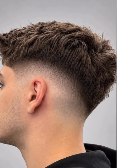 Texturierter Kurzhaarschnitt mit Fade in seitlicher Ansicht